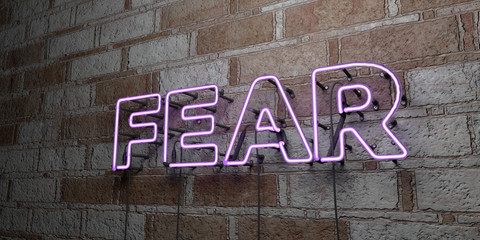 FEAR - Glowing Neon Sign on stonework wall - 3D rendered royalty free stock illustration.  Can be used for online banner ads and direct mailers..