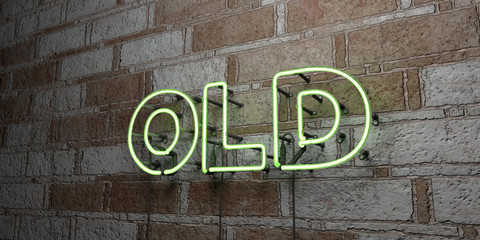 OLD - Glowing Neon Sign on stonework wall - 3D rendered royalty free stock illustration.  Can be used for online banner ads and direct mailers..