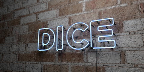 DICE - Glowing Neon Sign on stonework wall - 3D rendered royalty free stock illustration.  Can be used for online banner ads and direct mailers..