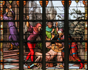 Fototapeta na wymiar Stained Glass - Antisemitic stained glass in Brussels Cathedral