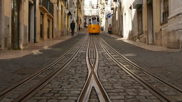 Portugal, Lisbon, View of the Bica Funicular.
