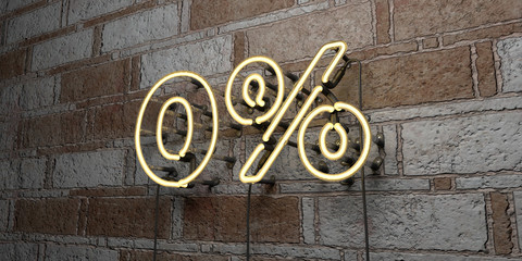 0% - Glowing Neon Sign on stonework wall - 3D rendered royalty free stock illustration.  Can be used for online banner ads and direct mailers..