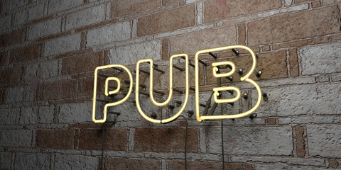 PUB - Glowing Neon Sign on stonework wall - 3D rendered royalty free stock illustration.  Can be used for online banner ads and direct mailers..