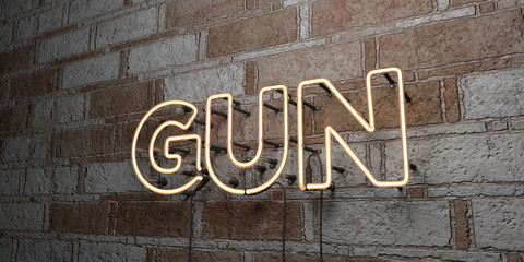 GUN - Glowing Neon Sign on stonework wall - 3D rendered royalty free stock illustration.  Can be used for online banner ads and direct mailers..