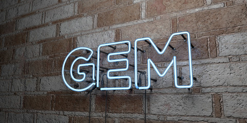 GEM - Glowing Neon Sign on stonework wall - 3D rendered royalty free stock illustration.  Can be used for online banner ads and direct mailers..