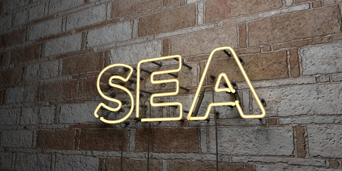 SEA - Glowing Neon Sign on stonework wall - 3D rendered royalty free stock illustration.  Can be used for online banner ads and direct mailers..