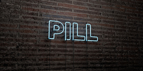 PILL -Realistic Neon Sign on Brick Wall background - 3D rendered royalty free stock image. Can be used for online banner ads and direct mailers..