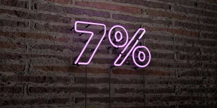 7% -Realistic Neon Sign on Brick Wall background - 3D rendered royalty free stock image. Can be used for online banner ads and direct mailers..