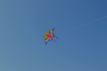 Flying kite against the blue clear sky