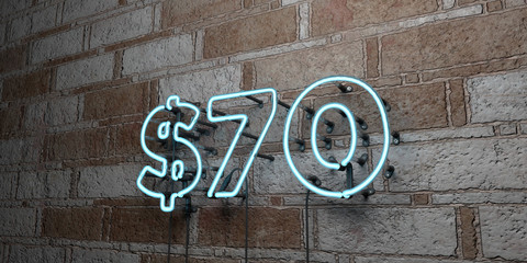 $70 - Glowing Neon Sign on stonework wall - 3D rendered royalty free stock illustration.  Can be used for online banner ads and direct mailers..