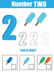 Handwriting practice. Learning mathematics and numbers. Number two. Educational children game, printable worksheet for kids