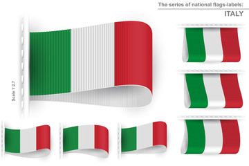 Flag of Italy is embroidered on the textile tag and sewn with a thread stitch; Set of vector realistic icons of flag of Italian Republic from a fabric loop