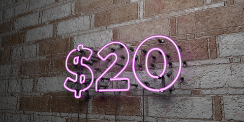 $20 - Glowing Neon Sign on stonework wall - 3D rendered royalty free stock illustration.  Can be used for online banner ads and direct mailers..