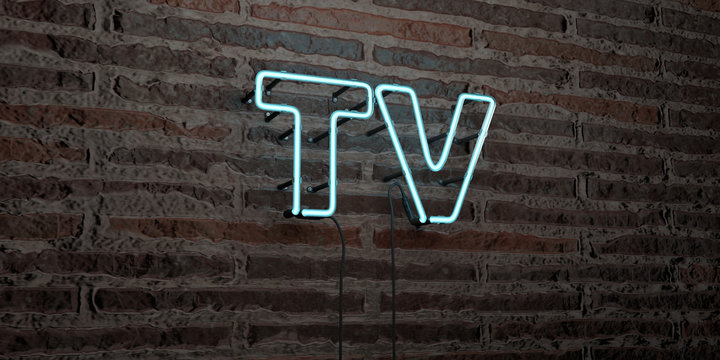 TV -Realistic Neon Sign on Brick Wall background - 3D rendered royalty free stock image. Can be used for online banner ads and direct mailers..