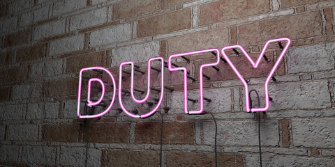 DUTY - Glowing Neon Sign on stonework wall - 3D rendered royalty free stock illustration.  Can be used for online banner ads and direct mailers..