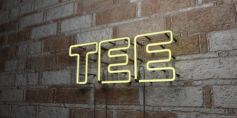 TEE - Glowing Neon Sign on stonework wall - 3D rendered royalty free stock illustration.  Can be used for online banner ads and direct mailers..