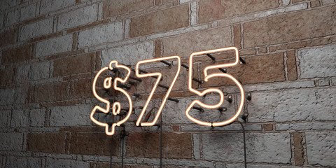 $75 - Glowing Neon Sign on stonework wall - 3D rendered royalty free stock illustration.  Can be used for online banner ads and direct mailers..