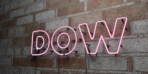 DOW - Glowing Neon Sign on stonework wall - 3D rendered royalty free stock illustration.  Can be used for online banner ads and direct mailers..