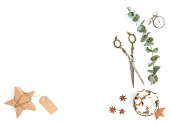 Christmas cookies gift green eucalyptus branches flat lay