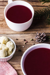 Traditional Christmas red beetroot borsch, top view