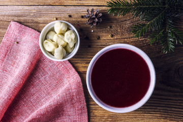Traditional Christmas red beetroot borsch, top view