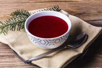Traditional Christmas red beetroot borsch, top view