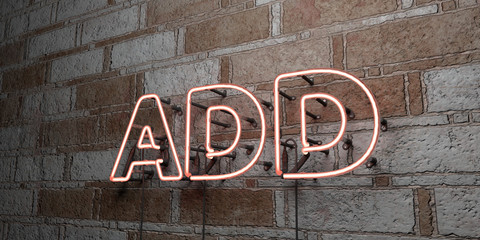 ADD - Glowing Neon Sign on stonework wall - 3D rendered royalty free stock illustration.  Can be used for online banner ads and direct mailers..