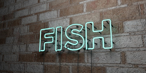 FISH - Glowing Neon Sign on stonework wall - 3D rendered royalty free stock illustration.  Can be used for online banner ads and direct mailers..