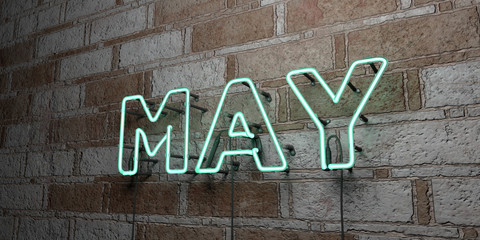 MAY - Glowing Neon Sign on stonework wall - 3D rendered royalty free stock illustration.  Can be used for online banner ads and direct mailers..