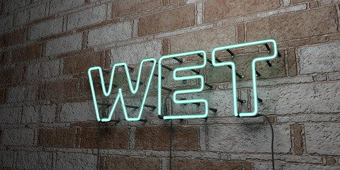 WET - Glowing Neon Sign on stonework wall - 3D rendered royalty free stock illustration.  Can be used for online banner ads and direct mailers..