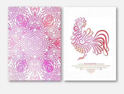Happy New Year design with wishes. Rooster, symbol 2017 in Chinese calendar. Mandala red cock. Vector illustration