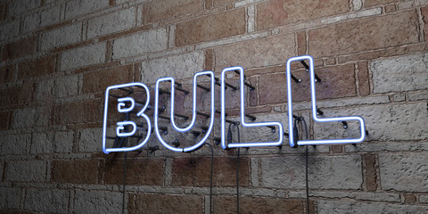 BULL - Glowing Neon Sign on stonework wall - 3D rendered royalty free stock illustration.  Can be used for online banner ads and direct mailers..