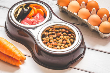 ingredients for pet food natural on wooden background