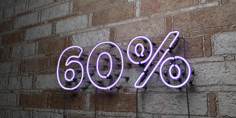60% - Glowing Neon Sign on stonework wall - 3D rendered royalty free stock illustration.  Can be used for online banner ads and direct mailers..