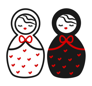 cute black white red Matryoshka , russian traditional wooden doll vector illustration