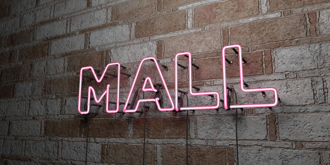 MALL - Glowing Neon Sign on stonework wall - 3D rendered royalty free stock illustration.  Can be used for online banner ads and direct mailers..