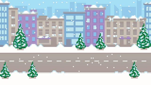Pixel art empty winter city vector pattern background illustration