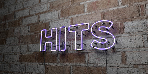 HITS - Glowing Neon Sign on stonework wall - 3D rendered royalty free stock illustration.  Can be used for online banner ads and direct mailers..