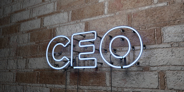 CEO - Glowing Neon Sign on stonework wall - 3D rendered royalty free stock illustration.  Can be used for online banner ads and direct mailers..
