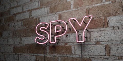 SPY - Glowing Neon Sign on stonework wall - 3D rendered royalty free stock illustration.  Can be used for online banner ads and direct mailers..