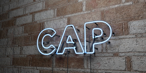 CAP - Glowing Neon Sign on stonework wall - 3D rendered royalty free stock illustration.  Can be used for online banner ads and direct mailers..