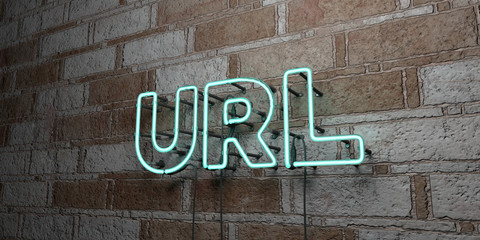 URL - Glowing Neon Sign on stonework wall - 3D rendered royalty free stock illustration.  Can be used for online banner ads and direct mailers.. - obrazy, fototapety, plakaty