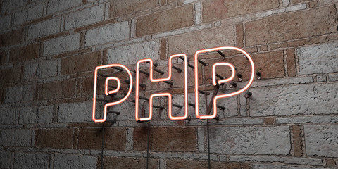 PHP - Glowing Neon Sign on stonework wall - 3D rendered royalty free stock illustration.  Can be used for online banner ads and direct mailers..