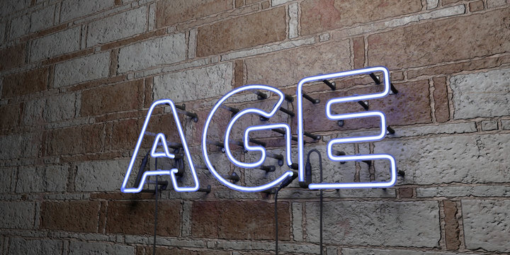 AGE - Glowing Neon Sign on stonework wall - 3D rendered royalty free stock illustration.  Can be used for online banner ads and direct mailers..