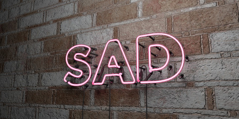 SAD - Glowing Neon Sign on stonework wall - 3D rendered royalty free stock illustration.  Can be used for online banner ads and direct mailers..