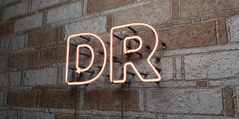 DR - Glowing Neon Sign on stonework wall - 3D rendered royalty free stock illustration.  Can be used for online banner ads and direct mailers..