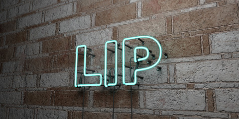 LIP - Glowing Neon Sign on stonework wall - 3D rendered royalty free stock illustration.  Can be used for online banner ads and direct mailers..