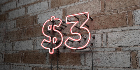 $3 - Glowing Neon Sign on stonework wall - 3D rendered royalty free stock illustration.  Can be used for online banner ads and direct mailers..