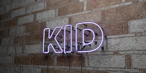 KID - Glowing Neon Sign on stonework wall - 3D rendered royalty free stock illustration.  Can be used for online banner ads and direct mailers..
