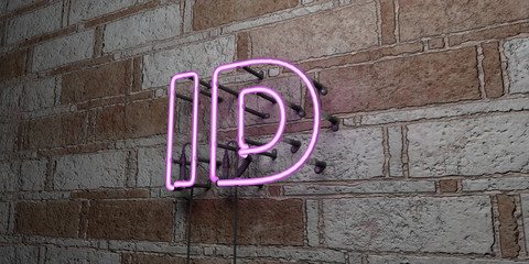 ID - Glowing Neon Sign on stonework wall - 3D rendered royalty free stock illustration.  Can be used for online banner ads and direct mailers..
